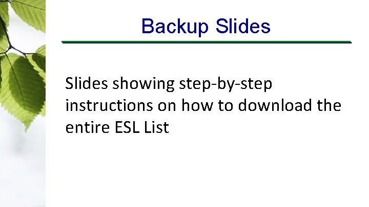 Backup Slides showing step-by-step instructions on how to download the entire ESL List 