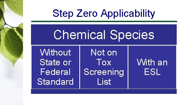 Step Zero Applicability Chemical Species Without State or Federal Standard Not on Tox Screening