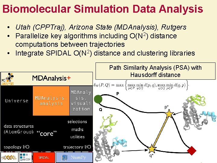 Biomolecular Simulation Data Analysis • Utah (CPPTraj), Arizona State (MDAnalysis), Rutgers • Parallelize key