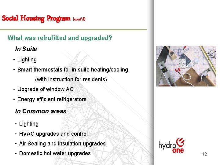 Social Housing Program (cont’d) What was retrofitted and upgraded? In Suite • Lighting •