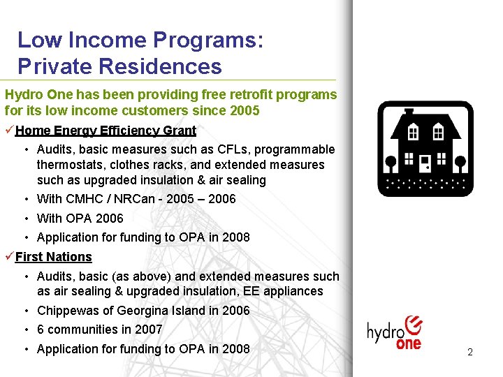 Low Income Programs: Private Residences Hydro One has been providing free retrofit programs for