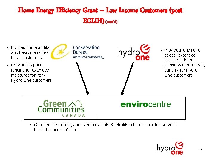 Home Energy Efficiency Grant – Low Income Customers (post EGLIH) (cont’d) • Funded home