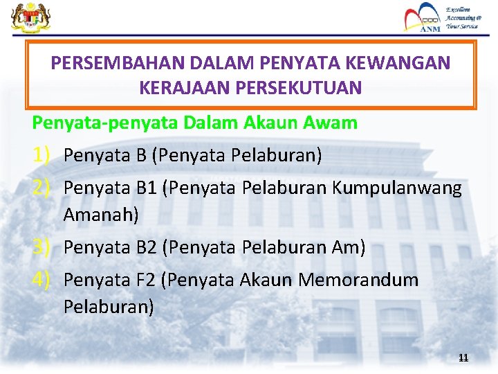 PERSEMBAHAN DALAM PENYATA KEWANGAN KERAJAAN PERSEKUTUAN Penyata-penyata Dalam Akaun Awam 1) Penyata B (Penyata