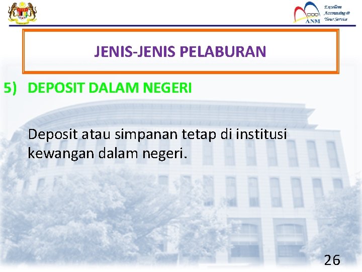 JENIS-JENIS PELABURAN 5) DEPOSIT DALAM NEGERI Deposit atau simpanan tetap di institusi kewangan dalam