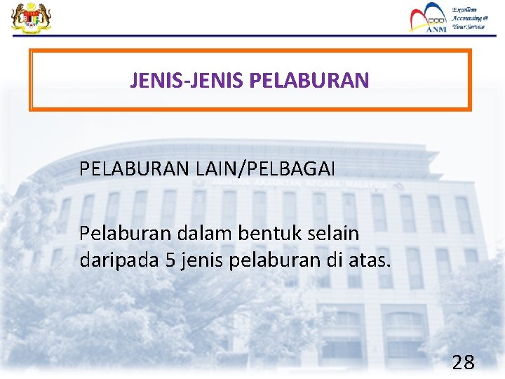 JENIS-JENIS PELABURAN LAIN/PELBAGAI Pelaburan dalam bentuk selain daripada 5 jenis pelaburan di atas. 28