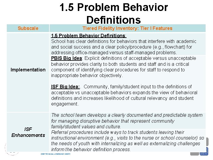 Subscale Implementation ISF Enhancements 1. 5 Problem Behavior Definitions Tiered Fidelity Inventory: Tier I