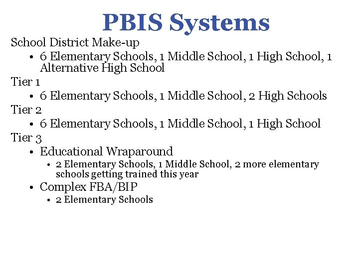 PBIS Systems School District Make-up • 6 Elementary Schools, 1 Middle School, 1 High