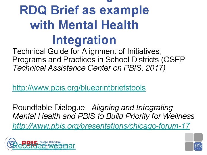 RDQ Brief as example with Mental Health Integration Technical Guide for Alignment of Initiatives,