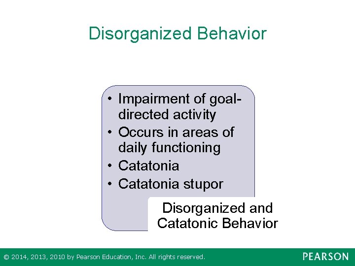 Disorganized Behavior • Impairment of goaldirected activity • Occurs in areas of daily functioning