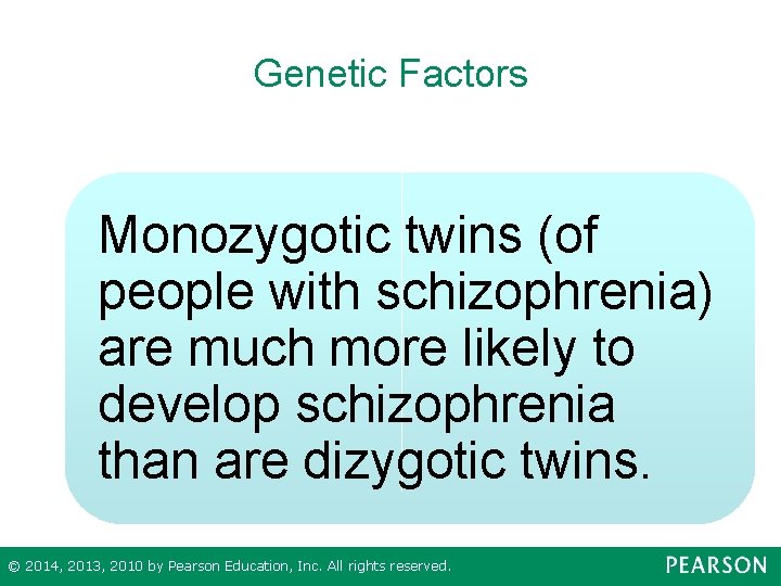 Genetic Factors Monozygotic twins (of people with schizophrenia) are much more likely to develop