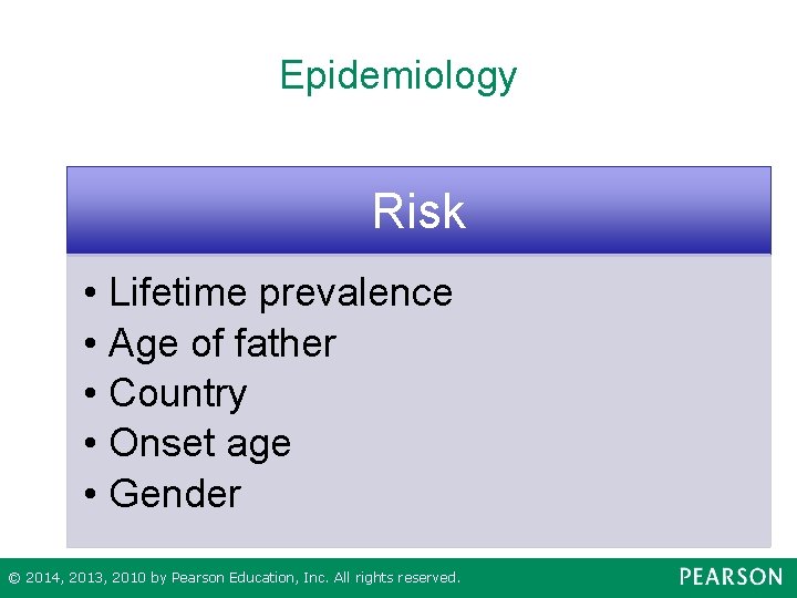 Epidemiology Risk • Lifetime prevalence • Age of father • Country • Onset age