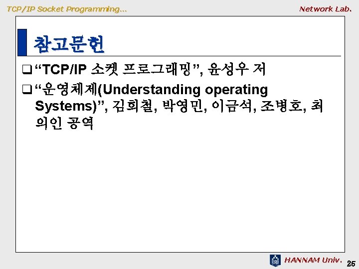 TCP/IP Socket Programming… Network Lab. 참고문헌 q “TCP/IP 소켓 프로그래밍”, 윤성우 저 q “운영체제(Understanding