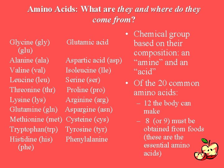 Amino Acids: What are they and where do they come from? Glycine (gly) (glu)