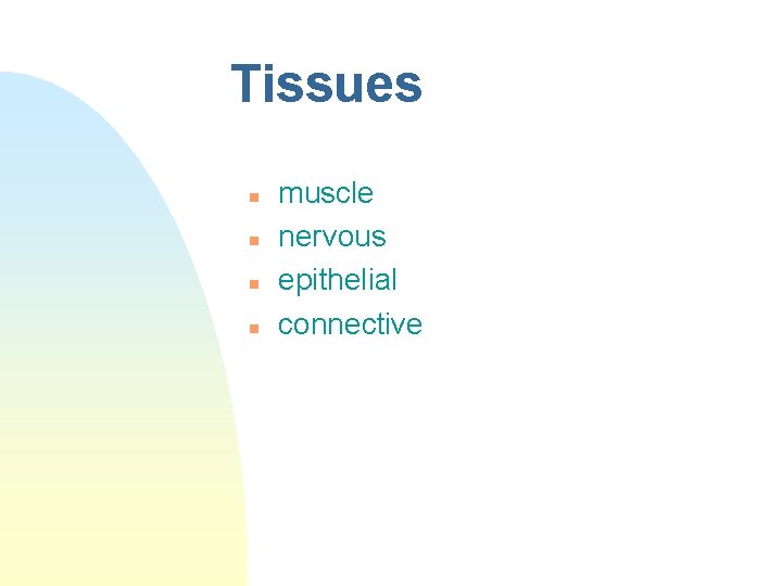 Tissues n n muscle nervous epithelial connective 