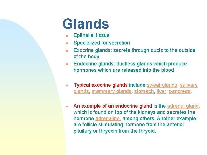 Glands n n n Epithelial tissue Specialized for secretion Exocrine glands: secrete through ducts