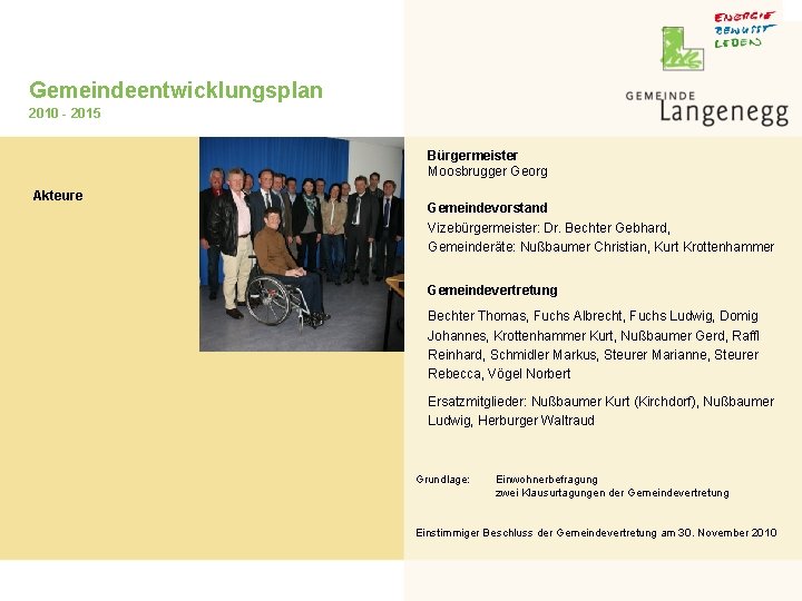 Gemeindeentwicklungsplan 2010 - 2015 Bürgermeister Moosbrugger Georg Akteure Gemeindevorstand Vizebürgermeister: Dr. Bechter Gebhard, Gemeinderäte: