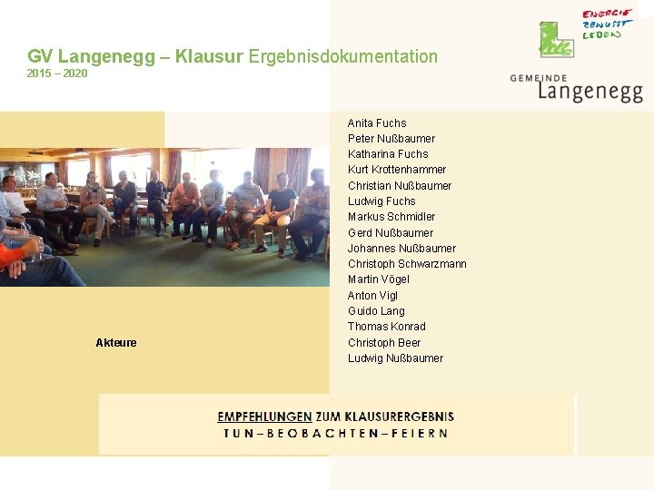 GV Langenegg – Klausur Ergebnisdokumentation 2015 – 2020 Akteure Anita Fuchs Peter Nußbaumer Katharina