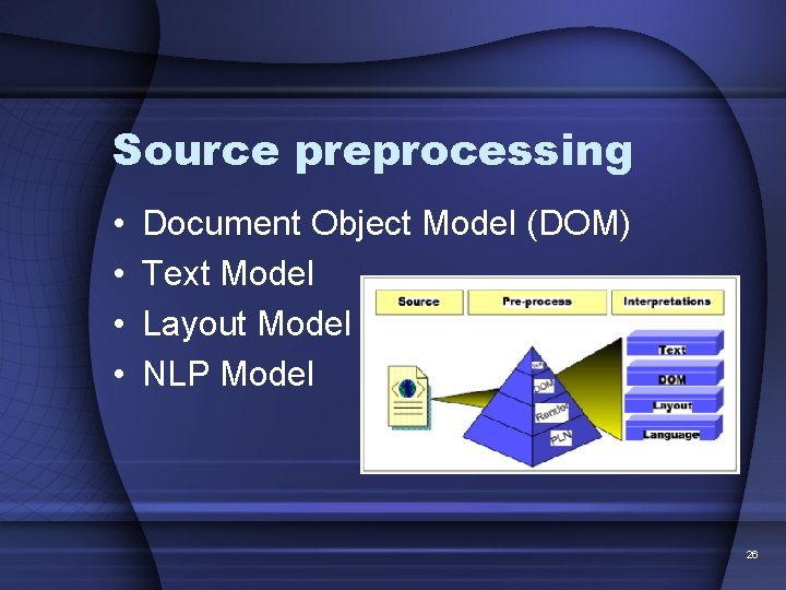 Source preprocessing • • Document Object Model (DOM) Text Model Layout Model NLP Model