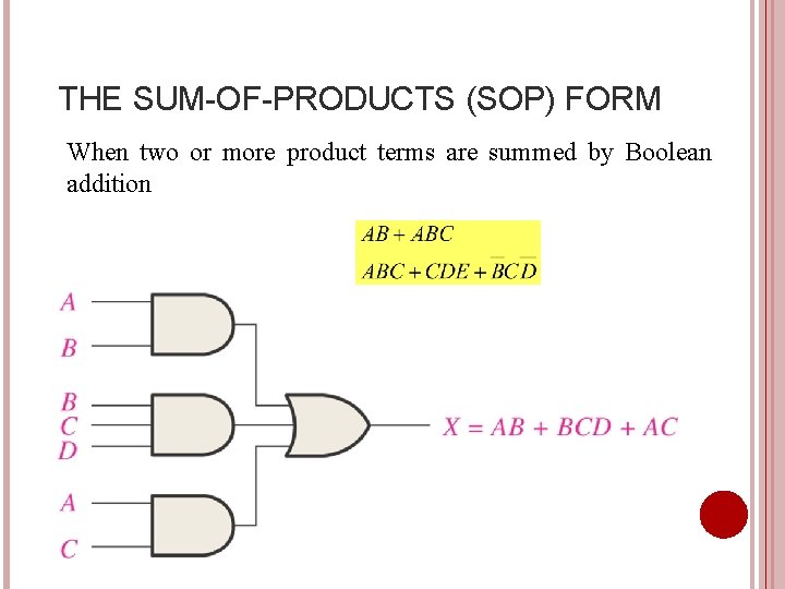 THE SUM-OF-PRODUCTS (SOP) FORM When two or more product terms are summed by Boolean