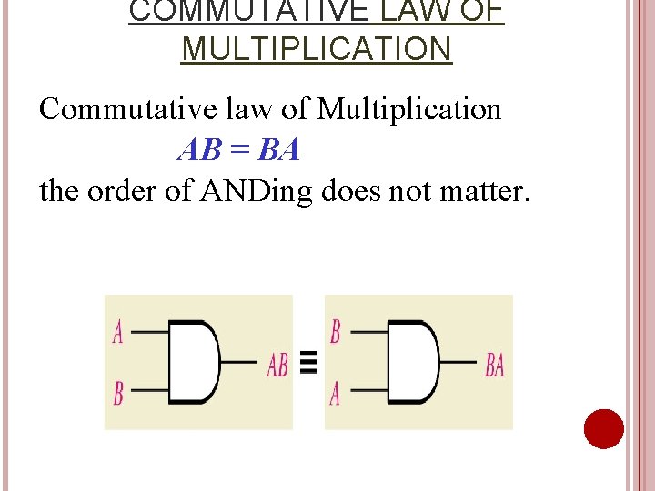 COMMUTATIVE LAW OF MULTIPLICATION Commutative law of Multiplication AB = BA the order of