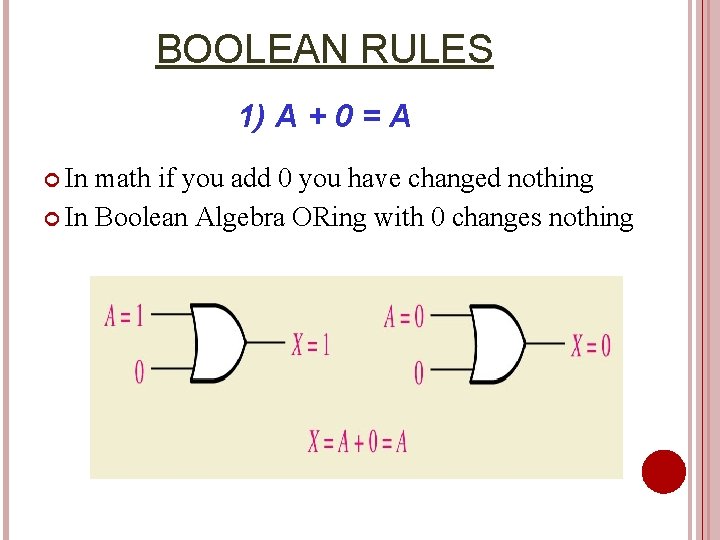 BOOLEAN RULES 1) A + 0 = A In math if you add 0