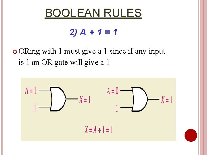 BOOLEAN RULES 2) A + 1 = 1 ORing with 1 must give a