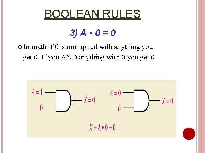 BOOLEAN RULES 3) A • 0 = 0 In math if 0 is multiplied
