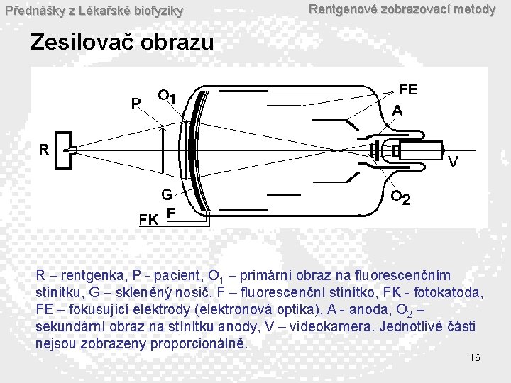 Přednášky z Lékařské biofyziky Rentgenové zobrazovací metody Zesilovač obrazu R – rentgenka, P -