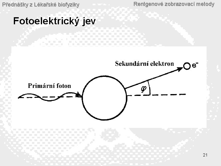 Přednášky z Lékařské biofyziky Rentgenové zobrazovací metody Fotoelektrický jev 21 