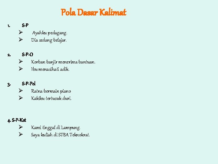 Pola Dasar Kalimat 1. S-P Ø Ayahku pedagang. Ø Dia sedang belajar. 2. S-P-O