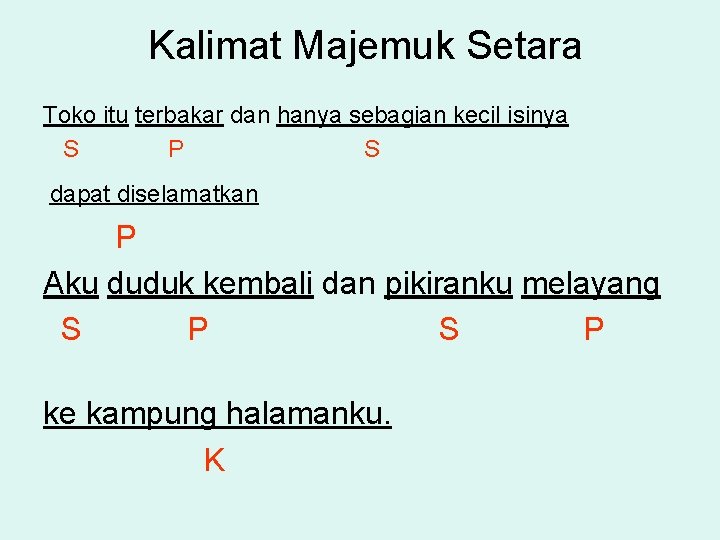 Kalimat Majemuk Setara Toko itu terbakar dan hanya sebagian kecil isinya S P S