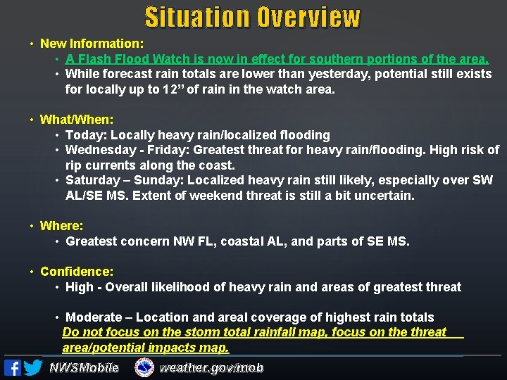 Situation Overview • New Information: • A Flash Flood Watch is now in effect