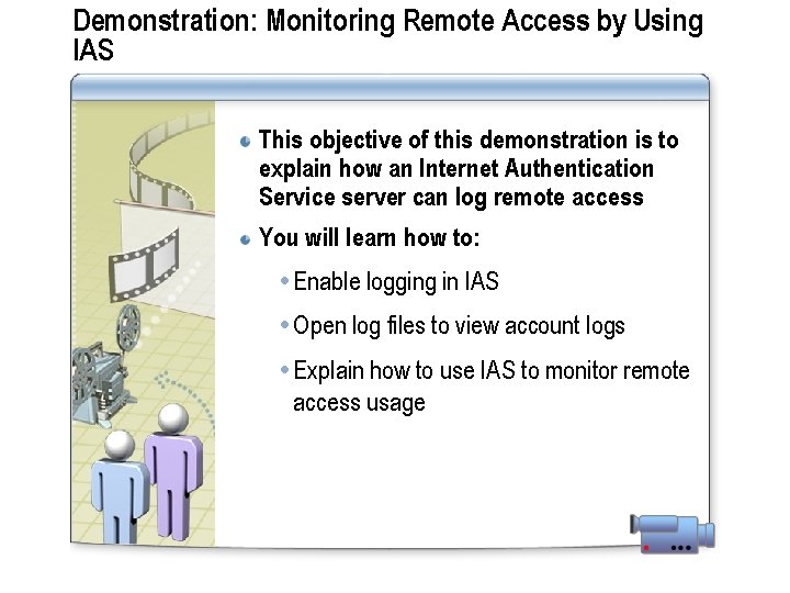 Demonstration: Monitoring Remote Access by Using IAS This objective of this demonstration is to