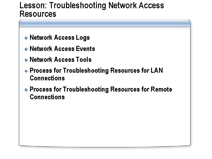 Lesson: Troubleshooting Network Access Resources Network Access Logs Network Access Events Network Access Tools