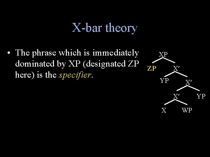 X-bar theory • The phrase which is immediately dominated by XP (designated ZP here)