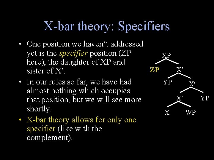 X-bar theory: Specifiers • One position we haven’t addressed yet is the specifier position