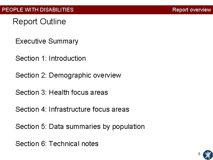 PEOPLE WITH DISABILITIES Report overview Report Outline Executive Summary Section 1: Introduction Section 2: