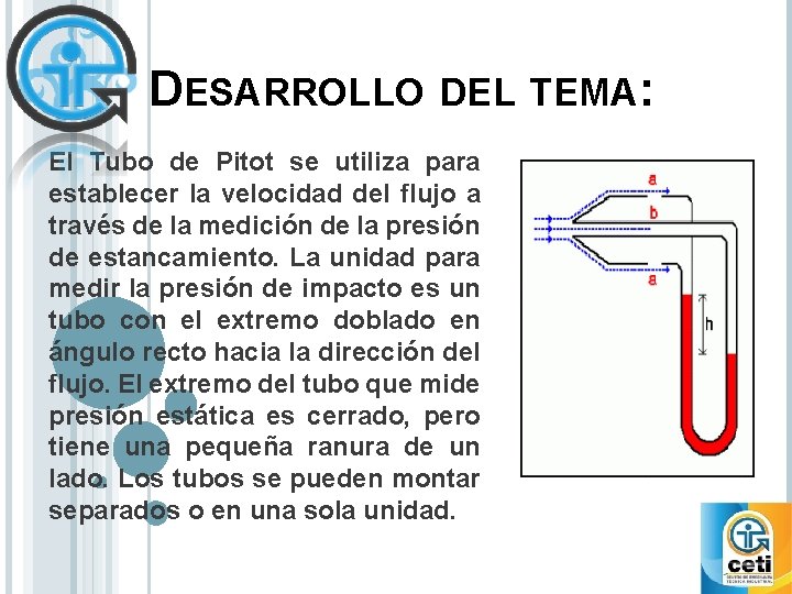 DESARROLLO DEL TEMA: El Tubo de Pitot se utiliza para establecer la velocidad del