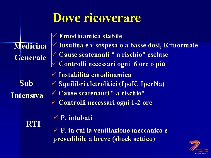 Dove ricoverare ü Emodinamica stabile Medicina ü Insulina e v sospesa o a basse