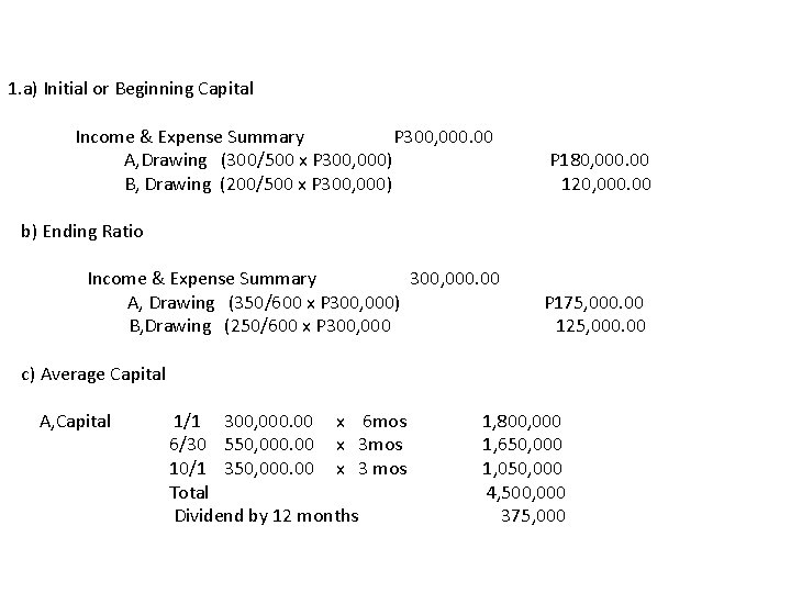 1. a) Initial or Beginning Capital Income & Expense Summary P 300, 000. 00