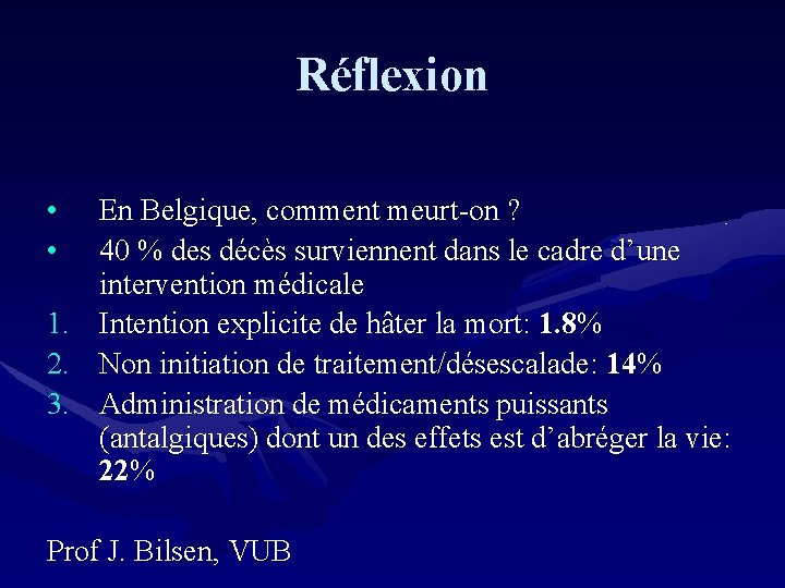 Réflexion • • 1. 2. 3. En Belgique, comment meurt-on ? 40 % des