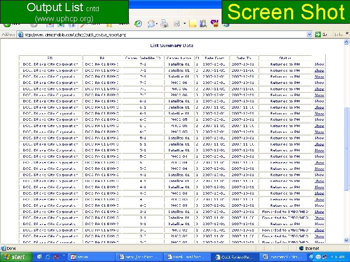 Screen Shot Output List cntd (www. uphcp. org) www. uphcp. org 