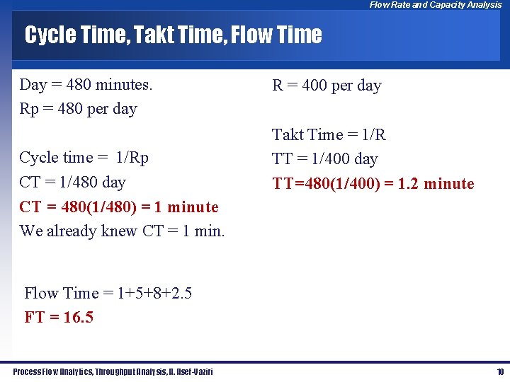 Flow Rate and Capacity Analysis Cycle Time, Takt Time, Flow Time Day = 480