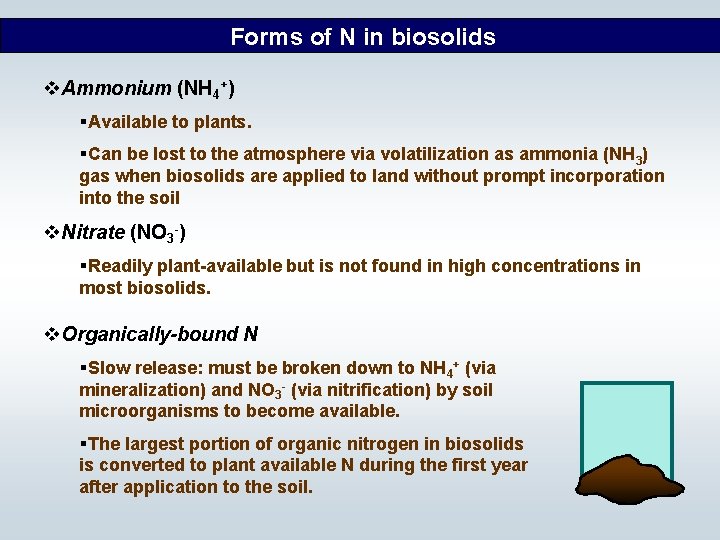 Forms of N in biosolids v. Ammonium (NH 4+) §Available to plants. §Can be