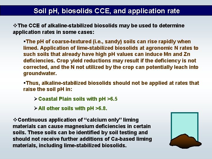 Soil p. H, biosolids CCE, and application rate v. The CCE of alkaline-stabilized biosolids