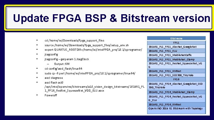 Update FPGA BSP & Bitstream version • • • cd /home/iei/Downloads/fpga_support_files source /home/iei/Downloads/fpga_support_files/setup_env. sh