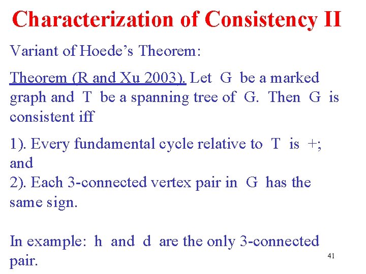Characterization of Consistency II Variant of Hoede’s Theorem: Theorem (R and Xu 2003). Let