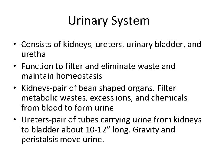 Urinary System • Consists of kidneys, ureters, urinary bladder, and uretha • Function to