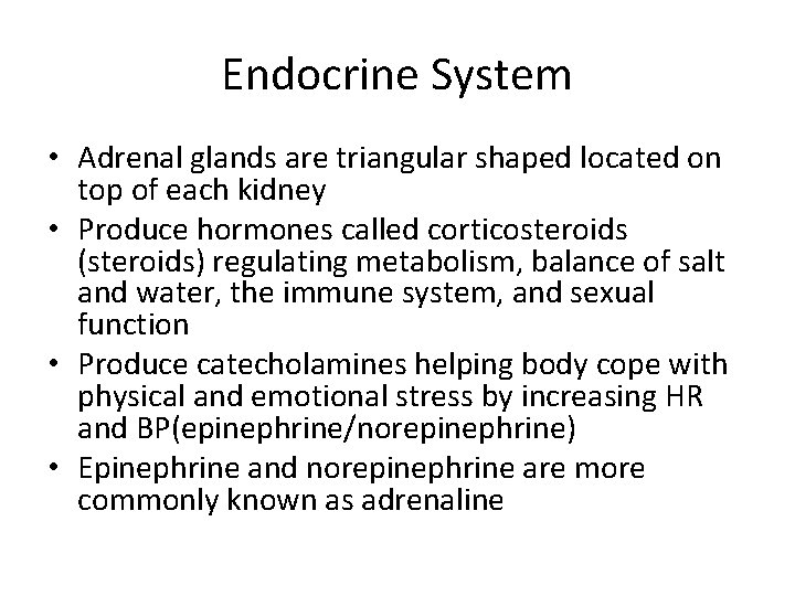 Endocrine System • Adrenal glands are triangular shaped located on top of each kidney