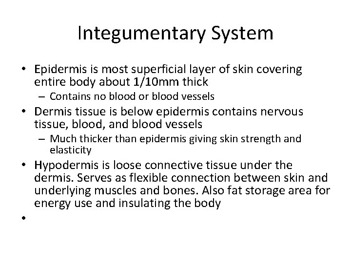Integumentary System • Epidermis is most superficial layer of skin covering entire body about